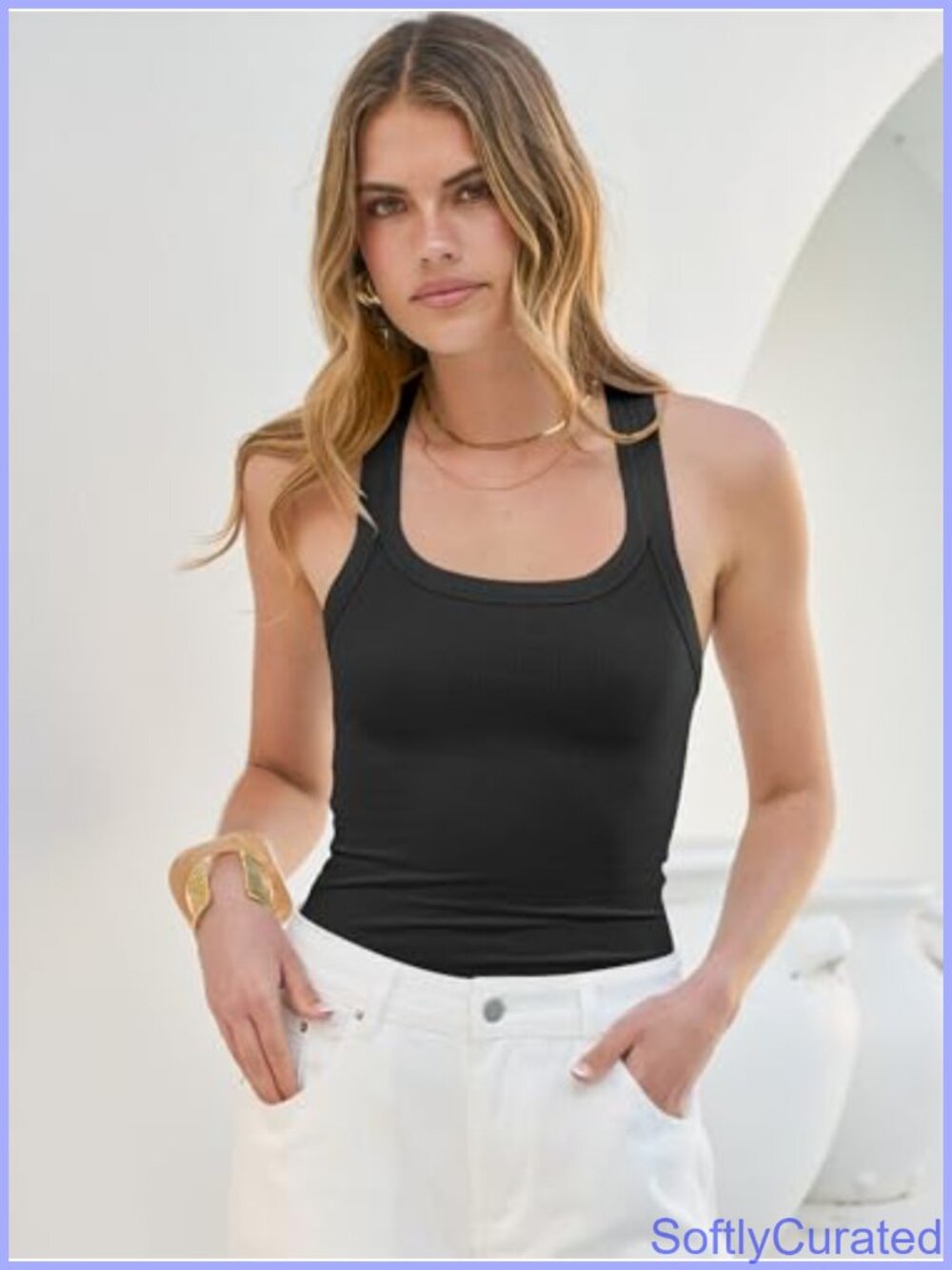 Square Neck Racerback Ribbed Slim Fit Tank Top - Picture 2 of 6